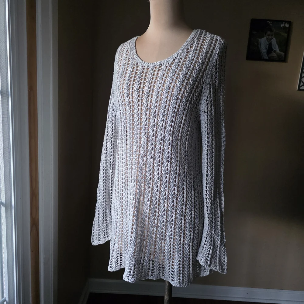 J.Jill Light Gray Open Knit Size Large 100% Linen Sweater - Picture 2 of 8
